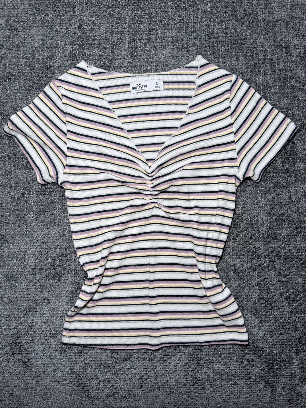 Hollister Striped Ruched V-Neck Short Sleeve Top — Pink, White & Black